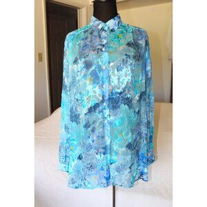 Louise Sheer Silk Blend Floral Blouse Pearl Buttons Long Sleeves Italy Size 2X?